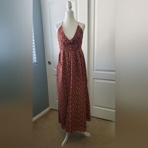 TREASURE & BOND Dress Smocked Bodice Strappy Back Brown Floral